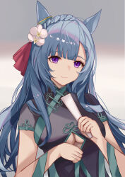 Rule 34 | 1girl, absurdres, alternate costume, animal ears, blue hair, china dress, chinese clothes, clothing cutout, commentary request, dress, gradient background, grey background, highres, horse ears, horse girl, long hair, looking at viewer, mejiro ardan (umamusume), purple eyes, smile, solo, swept bangs, umamusume, underboob cutout, upper body, watage tanpopo