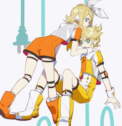 Rule 34 | 1boy, 1girl, absurdres, ahoge, arm strap, blonde hair, blue eyes, boots, bow, cable, calf socks, chi ya, empty eyes, hair bow, hand on another&#039;s knee, hand on another&#039;s shoulder, highres, jumpsuit, kagamine len, kagamine rin, knee strap, knees up, leaning forward, magical mirai len, magical mirai rin, neckerchief, necktie, ponytail, radio antenna, robot ears, short sleeves, shorts, sitting, thigh strap, vocaloid, wrist cuffs