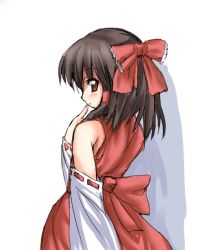 Rule 34 | 1girl, bare shoulders, blush, bow, brown hair, detached sleeves, female focus, finger to mouth, hair bow, hair tubes, hakurei reimu, looking at viewer, looking back, red bow, red eyes, red ribbon, red skirt, ribbon, ribbon-trimmed sleeves, ribbon trim, ryokushiki (midori-ya), simple background, skirt, solo, standing, touhou, vest