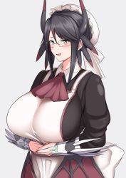 Rule 34 | 1girl, alternate breast size, apron, ascot, black hair, blue eyes, blush, breasts, dragon horns, duel monster, highres, horns, house dragonmaid, huge breasts, juliet sleeves, long sleeves, looking at viewer, maid apron, maid headdress, medium hair, ootori subaru, parted lips, puffy sleeves, rimless eyewear, sidelocks, smile, solo, taut clothes, upper body, yu-gi-oh!