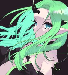 Rule 34 | 1girl, black background, black dress, blue eyes, breasts, dress, green hair, highres, horns, leaning back, long hair, looking at viewer, macross, macross delta, macross delta: zettai live!!!!!!, parted lips, pointy ears, portrait, sechi (stst1850), small breasts, solo, yami reina