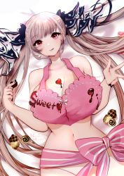 Rule 34 | 1girl, :q, alternate costume, azur lane, black nails, blush, breasts, chocolate, cleavage, closed mouth, commentary request, formidable (azur lane), hachimitsu hinako, hair ornament, hair ribbon, large breasts, looking at viewer, lying, nail polish, navel, on back, pink ribbon, red eyes, ribbon, smile, solo, tongue, tongue out, twintails