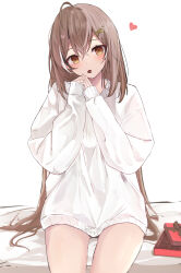 Rule 34 | 1girl, ahoge, alternate costume, blush, box, box of chocolates, brown eyes, brown hair, candy, chocolate, chocolate heart, fingernails, food, food in mouth, hair ornament, hairclip, happy valentine, heart, highres, hololive, hololive english, long hair, long sleeves, looking at viewer, naked sweater, nanashi mumei, on bed, oversized clothes, own hands together, shuuzo3, sleeves past wrists, sweater, valentine, very long hair, virtual youtuber, white sweater