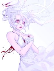 Rule 34 | 1girl, absurdres, angel, bandaged hand, bandages, bare shoulders, bleeding, blood, blood from mouth, blood on clothes, bound, broken, broken halo, collarbone, dress, eyeshadow, fantasy, halo, highres, injury, long hair, makeup, original, pink eyes, pink lips, purple eyeshadow, rakugaki suruhito, tied up (nonsexual), twintails, white dress, white hair, white theme
