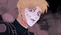 Rule 34 | 1boy, armin arlert, black suit, blonde hair, blue eyes, blurry, blurry background, cass (melonchip), commentary, english commentary, facial mark, formal, highres, looking down, male focus, open mouth, paradis military uniform, shingeki no kyojin, short hair, smoke, solo, spoilers, suit, teeth, uniform