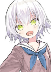 Rule 34 | 1girl, :d, blue neckerchief, blush, brown cardigan, capriccio, cardigan, commentary request, facial scar, fate/apocrypha, fate/grand order, fate (series), green eyes, hair between eyes, head tilt, heart, heart in mouth, jack the ripper (fate/apocrypha), looking at viewer, neckerchief, open mouth, sailor collar, scar, scar across eye, scar on cheek, scar on face, school uniform, selfie, serafuku, shirt, simple background, smile, solo, upper body, white background, white hair, white sailor collar, white shirt