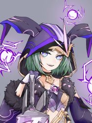 Rule 34 | 1girl, absurdres, choker, cicin mage (genshin impact), cloak, electricity, electro cicin mage (genshin impact), fur, gem, genshin impact, gloves, green hair, highres, hood, hood up, hooded cloak, lantern, looking at viewer, open mouth, portrait, prm647, short hair, smile