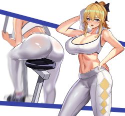 Rule 34 | 1girl, absurdres, ass, bare shoulders, blonde hair, blue eyes, blush, bow, breasts, from behind, genshin impact, hair bow, highres, huge ass, jean (genshin impact), large breasts, long hair, looking at viewer, loooyd, open mouth, pants, ponytail, shiny clothes, shiny skin, sideboob, simple background, skin tight, smile, solo, sports bra, thighs, tight clothes, tight pants, white background