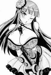 Rule 34 | 1girl, ;o, between breasts, breasts, choker, female focus, flower, frilled skirt, frills, greyscale, hair flower, hair ornament, highres, jin homuhomu, large breasts, long hair, microphone, monochrome, one eye closed, open mouth, plaid clothes, rose, senran kagura, shiny skin, skirt, solo, tagme, traditional media, tsubaki (senran kagura), very long hair