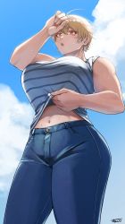 Rule 34 | 1girl, bare shoulders, blonde hair, blue period, blue sky, breasts, cloud, curvy, day, denim, highres, jeans, large breasts, miki kinemi, navel, open mouth, outdoors, pants, red eyes, shirt, short hair, sky, solo, standing, striped clothes, striped shirt, sunsirou, sweat, thick thighs, thighs, wiping sweat