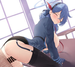 Rule 34 | 1boy, 1girl, absurdres, ako (blue archive), ass, bar censor, bell, black hairband, black skirt, black thighhighs, blue archive, blue coat, blue gloves, blue hair, blue hairband, breasts, breasts out, censored, closed eyes, clothed female nude male, clothed sex, coat, earrings, erection, garter straps, gloves, hairband, half gloves, halo, hetero, highres, jewelry, large breasts, long hair, long sleeves, miniskirt, n9at, neck bell, nipples, nude, penis, skirt, solo focus, stud earrings, thighhighs, vaginal