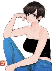 Rule 34 | 1girl, absurdres, arm support, artist name, bare shoulders, black shirt, black tube top, blue pants, breasts, bright pupils, brown hair, casual, cleavage, closed mouth, collarbone, denim, earrings, highres, jeans, jewelry, knee up, large breasts, looking away, norman maggot, olive laurentia, original, pants, red eyes, shirt, short hair, sidelocks, simple background, sitting, smile, strapless, swept bangs, tube top, white background