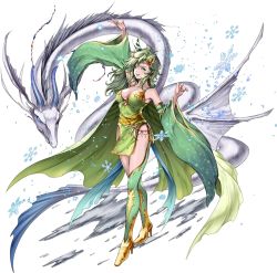 Rule 34 | 1girl, aged up, arm up, armpits, artist request, breasts, cape, cleavage, detached sleeves, dragon, dress, final fantasy, final fantasy iv, full body, green cape, green dress, green eyes, green hair, green thighhighs, hair ornament, high heels, long hair, mist dragon, official art, rydia (ff4), shoes, short dress, smile, thighhighs, transparent background, white background
