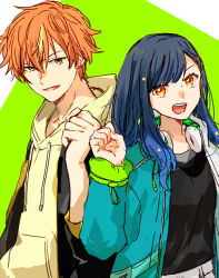 Rule 34 | 1boy, 1girl, black hair, blonde hair, blue hair, clenched hand, commentary request, drawstring, earrings, gradient hair, green eyes, hair ornament, headphones, headphones around neck, hinata (ryohinata), hood, hood down, hoodie, jacket, jewelry, long hair, long sleeves, looking at viewer, multicolored hair, open clothes, open jacket, open mouth, orange eyes, orange hair, project sekai, shinonome akito, shiraishi an, short hair, sleeves past elbows, star (symbol), star hair ornament, streaked hair, stud earrings, teeth, two-tone background, two-tone hair, upper body, upper teeth only, yellow hoodie