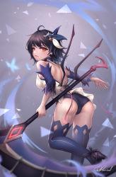 Rule 34 | 1girl, absurdres, ahoge, ass, bad id, bad pixiv id, bare shoulders, benghuai xueyuan, black footwear, black hair, black panties, blue sleeves, blue thighhighs, blush, bug, butterfly, commentary request, detached collar, detached sleeves, grey background, hair ornament, high heels, highres, holding, holding weapon, honkai (series), honkai impact 3rd, insect, kie (wylee2212), leaning forward, long sleeves, looking at viewer, looking back, orange eyes, panties, parted lips, revision, scythe, seele (alter ego), seele vollerei, seele vollerei (swallowtail phantasm), short hair, signature, smoke, solo, striped clothes, striped thighhighs, thighhighs, triangle, underwear, vertical-striped clothes, vertical-striped thighhighs, weapon
