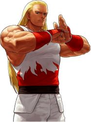 Rule 34 | 1boy, andy bogard, armor, blonde hair, blue eyes, clenched hand, fatal fury, japanese armor, kote, long hair, male focus, muscular, ninja, official art, ogura eisuke, open hand, palm-fist greeting, sleeveless, snk, solo, the king of fighters, the king of fighters xii, transparent background