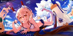 Rule 34 | 6+girls, absurdres, akashi (azur lane), ayanami (azur lane), azur lane, ball, bare shoulders, beach, beach volleyball, beachball, bikini, bikini top only, blonde hair, blue bikini, blue eyes, blue skirt, blue sky, breasts, chinese commentary, closed mouth, cloud, collarbone, hair between eyes, headgear, highres, javelin (azur lane), javelin (beach picnic!) (azur lane), jewelry, kawakaze (azur lane), laffey (azur lane), licking lips, liwendala, looking at another, looking at viewer, lying, manjuu (azur lane), miniskirt, multiple girls, ocean, official alternate costume, on stomach, open mouth, ornate ring, outdoors, pier, playing sports, pleated skirt, ponytail, purple hair, rigging, ring, scrunchie, shimakaze (azur lane), sidelocks, skirt, sky, small breasts, smile, swimsuit, the pose, tongue, tongue out, volleyball, volleyball (object), volleyball net, water, wedding ring, white bikini, wrist scrunchie, yellow eyes, z23 (azur lane), z23 (breezy doubles) (azur lane)