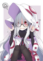 Rule 34 | 1girl, bags under eyes, black-framed eyewear, black dress, black pantyhose, commentary request, covered collarbone, doll joints, dress, eyes visible through hair, fangs, glasses, grey background, grey hair, hair over one eye, hands up, hat, highres, hood, hood down, hooded robe, iberis (ogami kazuki), joints, knees together feet apart, knees up, long sleeves, off shoulder, ogami kazuki, original, pantyhose, parted lips, red eyes, robe, semi-rimless eyewear, sleeves past wrists, solo, squiggle, thick eyebrows, thighband pantyhose, two-tone background, under-rim eyewear, white background, white hat, white robe, witch hat
