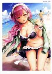 Rule 34 | absurdres, artist name, ball, beach, beachball, bikini, blush, bracelet, breasts, brown eyes, cleavage, cloud, collarbone, day, faceless, faceless female, faceless male, footprints, frilled bikini, frills, highres, holding, jacket, jacket on shoulders, jewelry, long hair, looking at viewer, maid, maid bikini, maid headdress, medium breasts, multiple boys, multiple girls, navel, non-web source, ocean, open mouth, original, outdoors, pink hair, sand, scan, sky, smile, standing, swimsuit, toranoana, unconventional maid, wrist cuffs