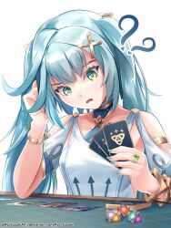 Rule 34 | 1girl, ?, ??, absurdres, ayaka (genshin impact), blue hair, blue nails, breasts, card, clothing cutout, collarbone, commentary, confused, dice, dress, english commentary, faruzan (genshin impact), frown, genius invokation tcg, genshin impact, green eyes, head tilt, highres, holding, holding card, jewelry, open mouth, ring, ryo-suzuki, shoulder cutout, small breasts, solo, trading card, twintails, white background, white dress, xingqiu (genshin impact), yoimiya (genshin impact)