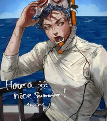Rule 34 | 1boy, artist name, blue hair, boat, bodysuit, diving suit, ghiaccio, goggles, goggles on head, grey eyes, jojo no kimyou na bouken, male focus, meron nouka, open mouth, outdoors, short hair, snorkel, solo, vento aureo, water, watercraft, wet, wet hair, wetsuit