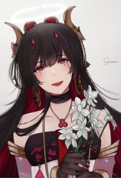 Rule 34 | 1girl, armlet, black choker, black hair, chinese clothes, choker, colored inner hair, detached sleeves, earrings, fake horns, flower, flower request, gold horns, hair ornament, halo, highres, holding, holding flower, horns, jewelry, long hair, looking at viewer, lucia: plume (punishing: gray raven), lucia (punishing: gray raven), multicolored hair, necklace, official alternate costume, official alternate hair color, official alternate hair length, official alternate hairstyle, open mouth, punishing: gray raven, red eyes, red hair, see-through, see-through sleeves, shisarou, sidelocks, signature, solo