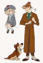 Rule 34 | 1boy, 1girl, animal, ascot, basil (mouse), basset hound, blue hat, blue jacket, blue scarf, blush stickers, brown coat, brown footwear, brown hair, brown skirt, child, coat, deerstalker, dog, full body, green ascot, hat, highres, holding, holding leash, humanization, jacket, leash, long sleeves, olivia flaversham, pleated skirt, scarf, shirt, simple background, skirt, tears, the great mouse detective, toby (great mouse detective), uochandayo, white background, white footwear, white shirt