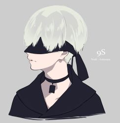 Rule 34 | 1boy, blindfold, character name, closed mouth, copyright name, cropped torso, facing away, grey background, grey hair, highres, looking to the side, male focus, mochizuki kei, nier (series), nier:automata, simple background, solo, upper body, 9s (nier:automata)