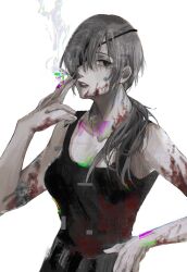Rule 34 | 1girl, absurdres, chainsaw man, cigarette, eyepatch, glitch, hair over shoulder, hand on own hip, highres, holding, holding cigarette, long hair, looking at viewer, medium hair, parted lips, ponytail, qii yu, quanxi (chainsaw man), simple background, smoke, smoking, solo, white background