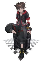 Rule 34 | 1boy, baggy pants, belt, belt buckle, black pants, blue eyes, brown hair, buckle, chain, chain necklace, checkered floor, full body, hair between eyes, highres, hood, hood down, hooded jacket, jacket, jewelry, kingdom hearts, kingdom hearts iii, leaning on object, leg up, looking at viewer, male focus, necklace, pants, short hair, short sleeves, soji 777, solo, sora (kingdom hearts), spiked hair, white background