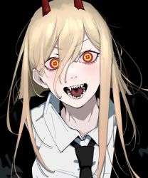 Rule 34 | 1girl, absurdres, black background, black necktie, blonde hair, business suit, chainsaw man, collared shirt, cross-shaped pupils, crosshair pupils, formal, hair between eyes, highres, horns, long hair, looking at viewer, necktie, nyokki763, open mouth, portrait, power (chainsaw man), red horns, sharp teeth, shirt, solo, suit, symbol-shaped pupils, teeth, v-shaped eyebrows