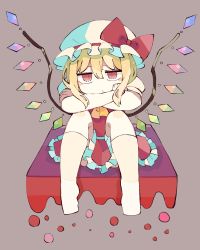 Rule 34 | 1girl, :o, ascot, baron (x5qgeh), blonde hair, blush, bow, crossed arms, crystal, expressionless, eyebrows hidden by hair, flandre scarlet, frilled skirt, frills, grey background, hair between eyes, hat, hat ribbon, highres, looking at viewer, medium hair, mob cap, puffy short sleeves, puffy sleeves, red bow, red eyes, red ribbon, red skirt, red vest, ribbon, shirt, short sleeves, simple background, sitting, skirt, solo, touhou, vest, white shirt, wings, yellow ascot