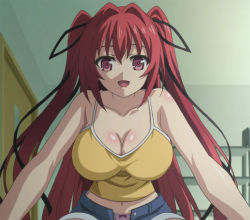 Rule 34 | 10s, 1girl, breasts, cleavage, demon girl, large breasts, long hair, looking at viewer, midriff, naruse mio, open fly, panties, red eyes, red hair, screencap, shinmai maou no testament, shorts, solo, twintails, underwear