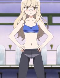 Rule 34 | 00s, 1girl, blonde hair, blush, bra, crotch seam, glasses, lingerie, long hair, navel, panties, panties under pantyhose, pantyhose, perrine h. clostermann, screencap, solo, strike witches, underwear, underwear only, world witches series, yellow eyes
