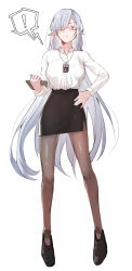 Rule 34 | !, 1girl, absurdres, alternate costume, arknights, bespectacled, black footwear, black skirt, breasts, brown pantyhose, clipboard, closed mouth, collared shirt, dress shirt, full body, gladiia (arknights), glasses, grey hair, hair over one eye, hand on own hip, highres, holding, holding clipboard, id card, large breasts, long hair, long sleeves, looking at viewer, lownd, miniskirt, office lady, pantyhose, pencil skirt, red-framed eyewear, red eyes, semi-rimless eyewear, shirt, shoes, side slit, simple background, skirt, solo, speech bubble, spoken exclamation mark, standing, under-rim eyewear, very long hair, white background, white shirt