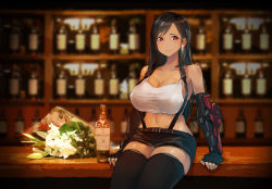 Rule 34 | 1girl, alcohol, arm guards, arm support, bar (place), bare shoulders, black gloves, black hair, black skirt, black thighhighs, bottle, bouquet, breasts, cleavage, commentary request, counter, earrings, elbow pads, final fantasy, final fantasy vii, final fantasy vii remake, fingerless gloves, flower, gloves, jewelry, large breasts, looking to the side, miniskirt, navel, parted bangs, pencil skirt, red eyes, shelf, shirt, sitting, skirt, smile, square enix, suspender skirt, suspenders, tank top, taut clothes, taut shirt, tavern, thighhighs, thighs, tifa lockhart, tucciao, white tank top