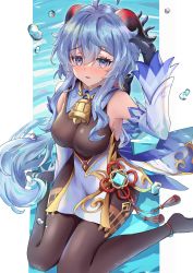 Rule 34 | 1girl, absurdres, ahoge, bare shoulders, bell, black gloves, black legwear, blue hair, blush, bow, breasts, chinese knot, detached sleeves, flower knot, furrowed brow, ganyu (genshin impact), genshin impact, gloves, gold trim, highres, horns, long hair, looking at viewer, medium breasts, neck bell, no shoes, parted lips, pelvic curtain, purple eyes, red rope, riu kawano, rope, sidelocks, sitting, solo, tassel, thighlet, thighs, vision (genshin impact), wariza, white sleeves