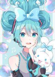 Rule 34 | 1girl, 1other, absurdres, aqua background, aqua bow, aqua eyes, aqua hair, aqua nails, aqua necktie, bare shoulders, black sleeves, borrowed hairstyle, bow, bubble, cinnamiku, cinnamoroll, cosplay, creature, detached sleeves, ear bow, folded twintails, hair bow, hand on own face, hatsune miku, hatsune miku (cosplay), headphones, headset, highres, holding, holding creature, itogari, looking at viewer, necktie, open mouth, sanrio, shirt, sleeveless, sleeveless shirt, soap bubbles, tie clip, two-tone background, upper body, vocaloid, white background