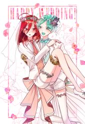 Rule 34 | 2others, ahoge, alternate costume, androgynous, aqua hair, blush, bridal veil, carrying, cinnabar (houseki no kuni), crystal hair, embarrassed, english text, flower, formal, golden arms, green eyes, green hair, hair between eyes, hair flower, hair ornament, hand on another&#039;s shoulder, happy, head wreath, houseki no kuni, long bangs, multiple others, neck ribbon, necktie, open mouth, petals, phosphophyllite, pin (velika), princess carry, red eyes, red hair, ribbon, rose, short hair, shorts, smile, suit, thighhighs, veil, wedding