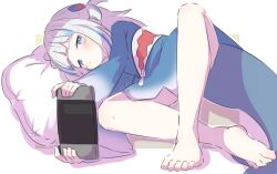 Rule 34 | 1girl, barefoot, blue dress, blue eyes, blue hair, blunt bangs, blush, crossed ankles, dress, feet, fins, fish tail, full body, gawr gura, gawr gura (1st costume), grey hair, hair ornament, handheld game console, head on pillow, highres, holding, holding handheld game console, hololive, hololive english, inaririn, long sleeves, looking at viewer, lying, medium hair, multicolored hair, nintendo switch, no pants, on side, one side up, pillow, shark girl, shark hair ornament, shark tail, short hair, solo, streaked hair, tail, virtual youtuber