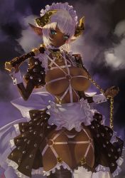 Rule 34 | 1girl, artist request, blue eyes, breasts, chain, cloud, cloudy sky, cowboy shot, dark skin, dark-skinned female, demon, demon girl, demon horns, facial mark, flail, garter straps, harness, horns, large breasts, maid, maid headdress, morning star, pointy ears, short hair, sky, solo, thighhighs, thong, weapon, whip, white hair