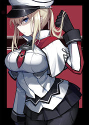 Rule 34 | 10s, anchor symbol, black gloves, blonde hair, blue eyes, capelet, celtic knot, cross, flag background, gloves, graf zeppelin (kancolle), hair flip, hat, iron cross, kantai collection, looking at viewer, military, military uniform, mujun atama, necktie, pantyhose, peaked cap, pleated skirt, shirt, skirt, solo, twintails, uniform, white hat, white shirt