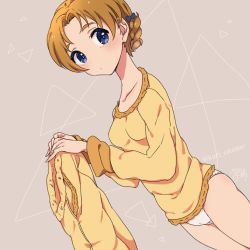 Rule 34 | 10s, 1girl, artist name, black bow, blue eyes, bow, braid, brown background, closed mouth, commentary, crotch seam, dutch angle, from side, girls und panzer, hair bow, holding, holding clothes, kari okome, long sleeves, looking at viewer, no pants, one-hour drawing challenge, orange hair, orange pants, orange pekoe (girls und panzer), orange shirt, pajamas, panties, pants, unworn pants, parted bangs, shirt, short hair, signature, solo, standing, triangle, twin braids, twitter username, underwear, white panties