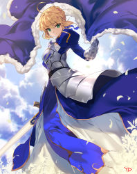 Rule 34 | 1girl, armor, artoria pendragon (all), artoria pendragon (fate), blonde hair, blue cape, blue dress, cape, unworn cape, cloud, day, dress, excalibur (fate/stay night), fate/stay night, fate (series), green eyes, highres, holding, holding sword, holding weapon, long sleeves, looking at viewer, saber (fate), short hair, smile, solo, sword, weapon, yd (orange maru)