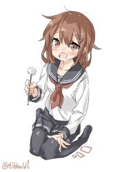 Rule 34 | 10s, 1girl, ^^^, anchor symbol, bad id, bad twitter id, black pantyhose, black skirt, blouse, blush, brown eyes, brown hair, collarbone, ebifurya, eyebrows, fang, full body, hair between eyes, hair ornament, hairclip, highres, holding, ikazuchi (kancolle), inactive account, kantai collection, lap pillow invitation, long sleeves, looking at viewer, mimikaki, neckerchief, no shoes, open mouth, outstretched hand, pantyhose, pleated skirt, red neckerchief, school uniform, seiza, serafuku, shirt, short hair, simple background, sitting, skirt, solo, twitter username, white background, white shirt