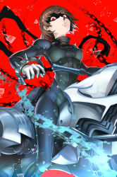 Rule 34 | 10s, 1girl, bodysuit, braid, brown hair, chain, crown braid, highres, joanna (persona 5), looking at viewer, motor vehicle, motorcycle, niijima makoto, omoti (1201208), parted lips, persona, persona 5, red background, red eyes, revision, shoulder spikes, solo, spikes