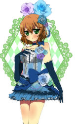 Rule 34 | 00s, 16 (oxoo3o), 1girl, alternate costume, bad id, bad pixiv id, bare shoulders, blue flower, blue rose, blush, bow, brown hair, choker, dress, female focus, flower, frills, gloves, green eyes, hair flower, hair ornament, hand on own chest, jewelry, natalia luzu kimlasca lanvaldear, plant, purple flower, purple rose, ribbon, rose, short hair, solo, tales of (series), tales of the abyss, waist bow, white background