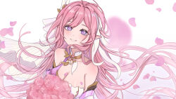 1girl bare_shoulders bouquet breasts cleavage commentary_request diamond-shaped_pupils diamond_(shape) elf elysia_(herrscher_of_human:_ego)_(honkai_impact) elysia_(honkai_impact) falling_petals flower from_above highres holding holding_bouquet honkai_(series) honkai_impact_3rd large_breasts long_hair parted_lips petals pink_hair pointy_ears purple_eyes rinnaikawa simple_background smile solo symbol-shaped_pupils triquetra upper_body veil very_long_hair white_background white_veil