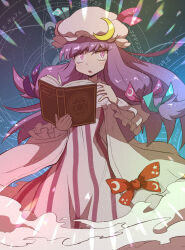 Rule 34 | 1girl, bat wings, blush, book, bow, crescent, crescent hat ornament, dot nose, green bow, hair bow, hat, hat ornament, highres, holding, holding book, kurachi mizuki, long hair, magic circle, mob cap, multiple hair bows, open mouth, patchouli knowledge, pink bow, purple eyes, purple hair, smoke, solo, touhou, wide sleeves, wings