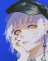 Rule 34 | 1girl, absurdres, black nails, blue background, chainsaw man, doris (1349745448), earrings, fami (chainsaw man), hat, highres, jewelry, looking at viewer, military hat, mole, mole under eye, mole under mouth, multiple moles, ringed eyes, short hair, simple background, solo, tassel, tassel earrings, yellow eyes
